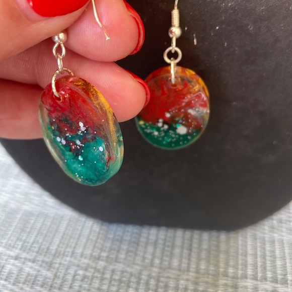 Handmade Festive Small Holiday Vibes Earrings Green and Red Oval - Picture 8 of 10